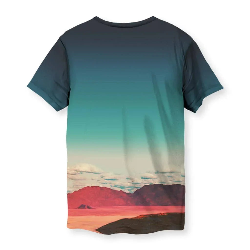 Vaporwave Goddess T-Shirt - The stoic marble deity head floating above a retro-CGI "sunset coral" (#FF8C76) digital sea, set against a midnight navy (#1B2636) to hazy turquoise (#6AA9AA) gradient sky.