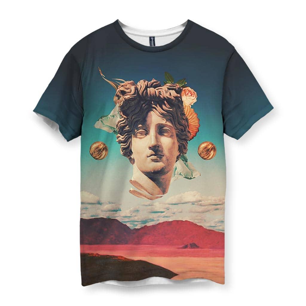 This surreal, vaporwave-inspired digital collage centers on a floating Greco-Roman marble bust adorned with vintage pink roses and metallic golden orbs. Contact us with accessibility feedback, we'd love to help!