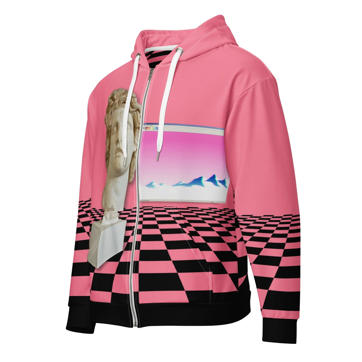 Vaporwave Men's Zip Hoodie in Neon Nostalgia Pink. OEKO-TEX® 100, REACH Compliant, GRS Certified.