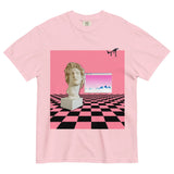 Centered on a soft Millennial Blush base, a surrealist graphic combines classical art with retro computing nostalgia. Contact us with accessibility feedback, we'd love to help!