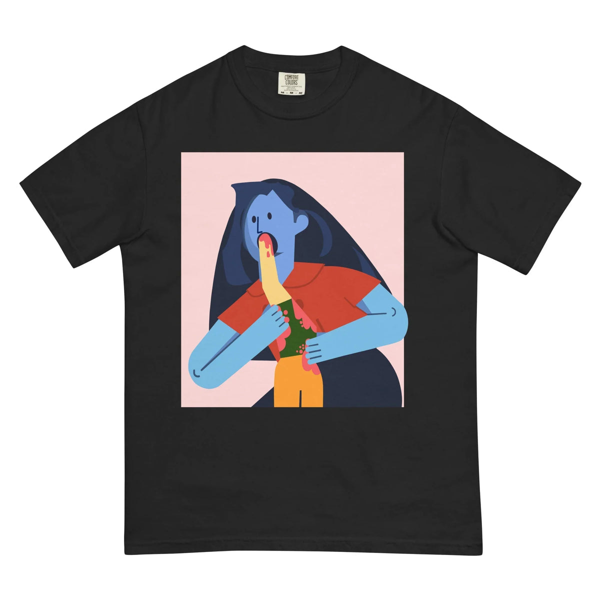 Woman Devouring Her Son T-Shirt in Pastel Pop Surrealism. OEKO-TEX® 100, WRAP Certified, US Cotton Trust Protocol.