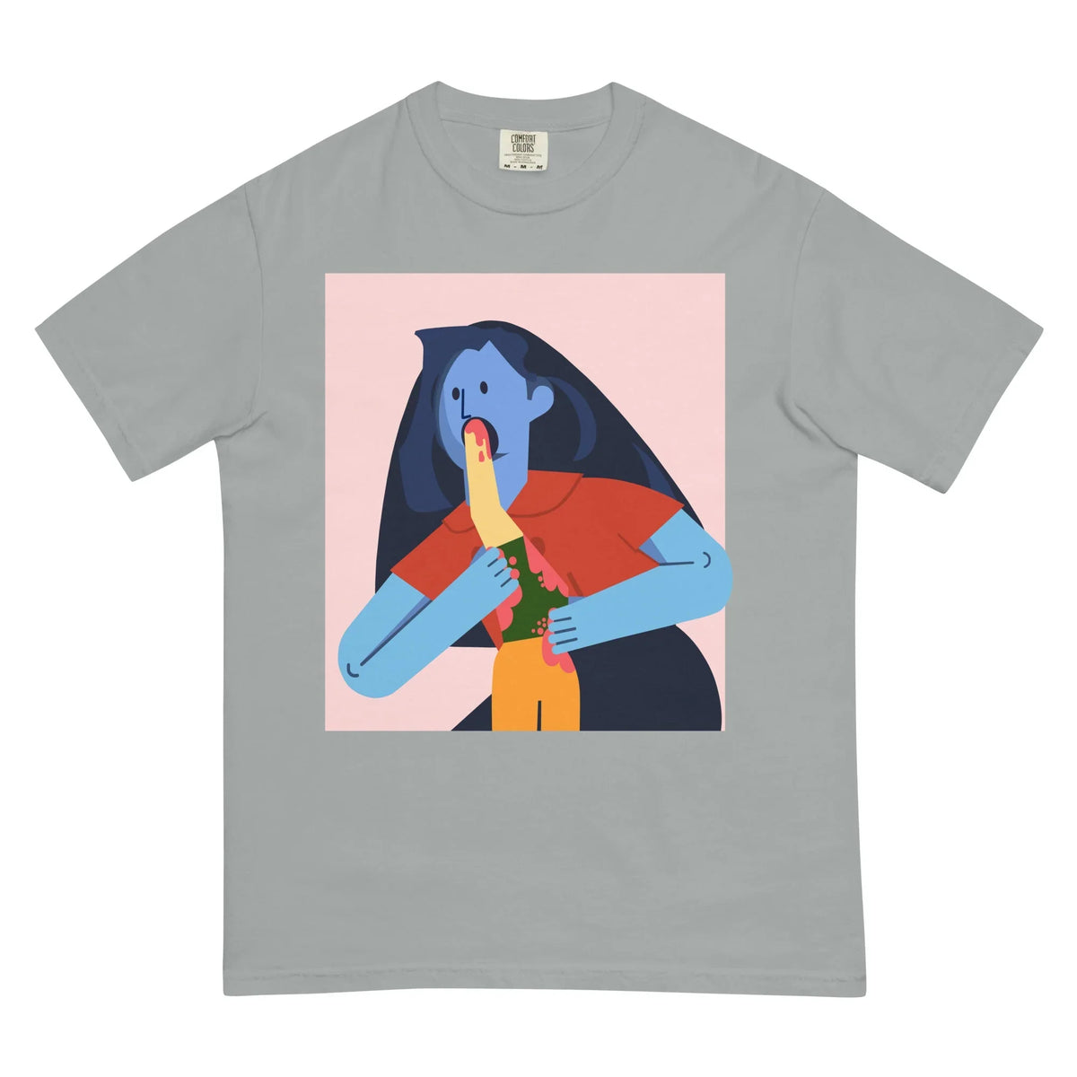 Woman Devouring Her Son T-Shirt - The jarring transposition of Goya's visceral "Saturn Devouring His Son" into the soulless, disproportionate "Alegria" art style, specifically using the cornflower blue skin (#6FA8DC), midnight navy hair (#1B2A41), muted vermilion red blouse (#E06666), mustard yellow humanoid segments (#F1C232), and pale blush pink background (#EAD1DC) associated with Big Tech error pages and stock illustrations.