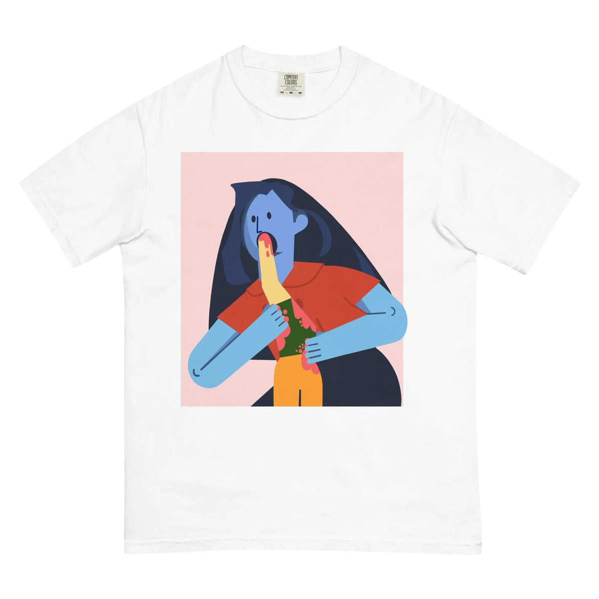 In a surreal, flat-vector style (think Corporate Memphis), a giantess with cornflower blue skin and midnight navy hair calmly consumes a smaller, mustard yellow humanoid against a pale blush pink background. Contact us with accessibility feedback, we'd love to help!