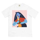 In a surreal, flat-vector style (think Corporate Memphis), a giantess with cornflower blue skin and midnight navy hair calmly consumes a smaller, mustard yellow humanoid against a pale blush pink background. Contact us with accessibility feedback, we'd love to help!