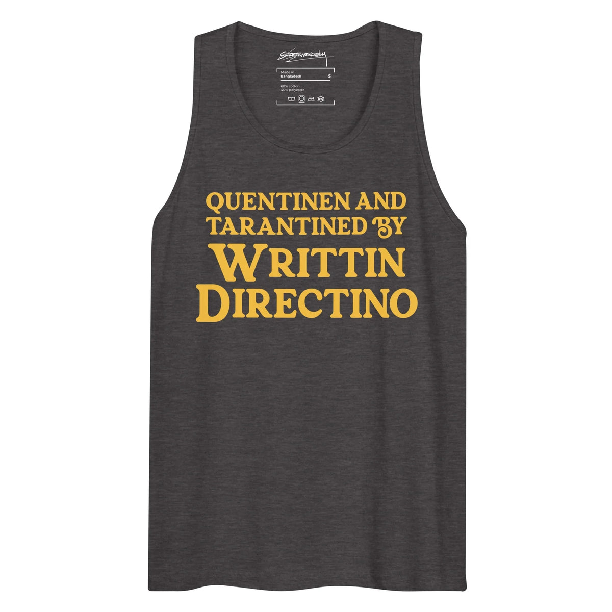 Writtin Directino Men's Tank - The misarranged vintage marigold (#ECC058) serif typography on muted olive drab (#6B7051) mimicking the iconic "Written and Directed by" credit sequence.