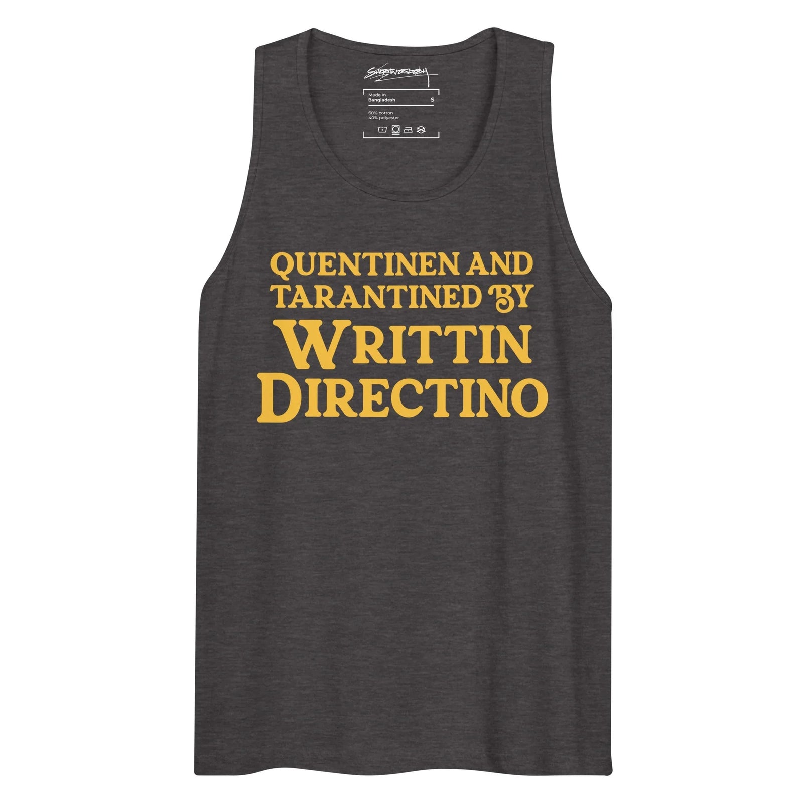 Writtin Directino Men's Tank - The misarranged vintage marigold (#ECC058) serif typography on muted olive drab (#6B7051) mimicking the iconic "Written and Directed by" credit sequence.