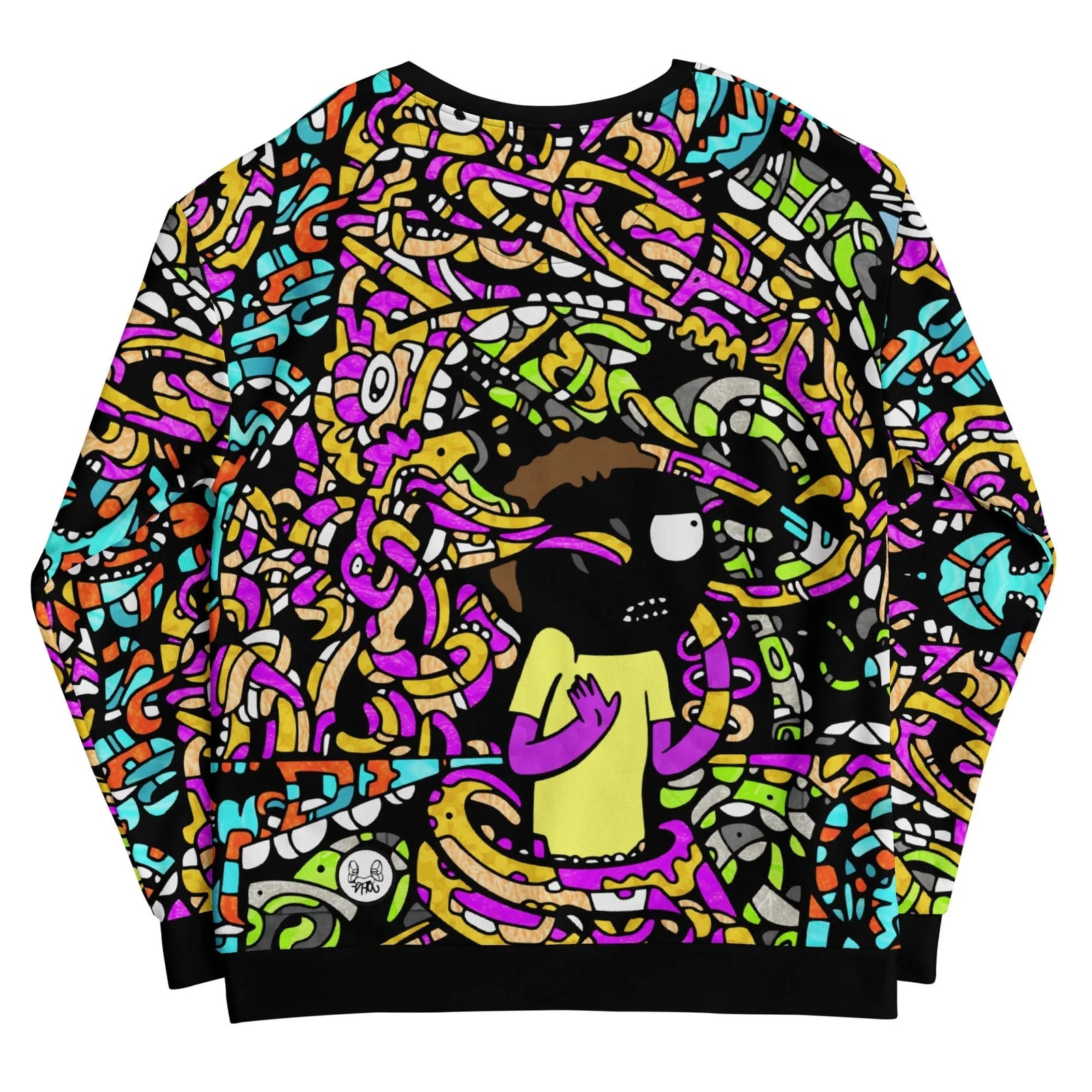 Wub a Lub Sweatshirt - The distinctive spiky-haired silhouette and wide manic eyes of the central figure, electrified by toxic lime green (#32CD32) splotches, vivid magenta (#FF00FF) ribbons, and electric cyan (#00CED1) waves against a deep jet black (#000000) base.