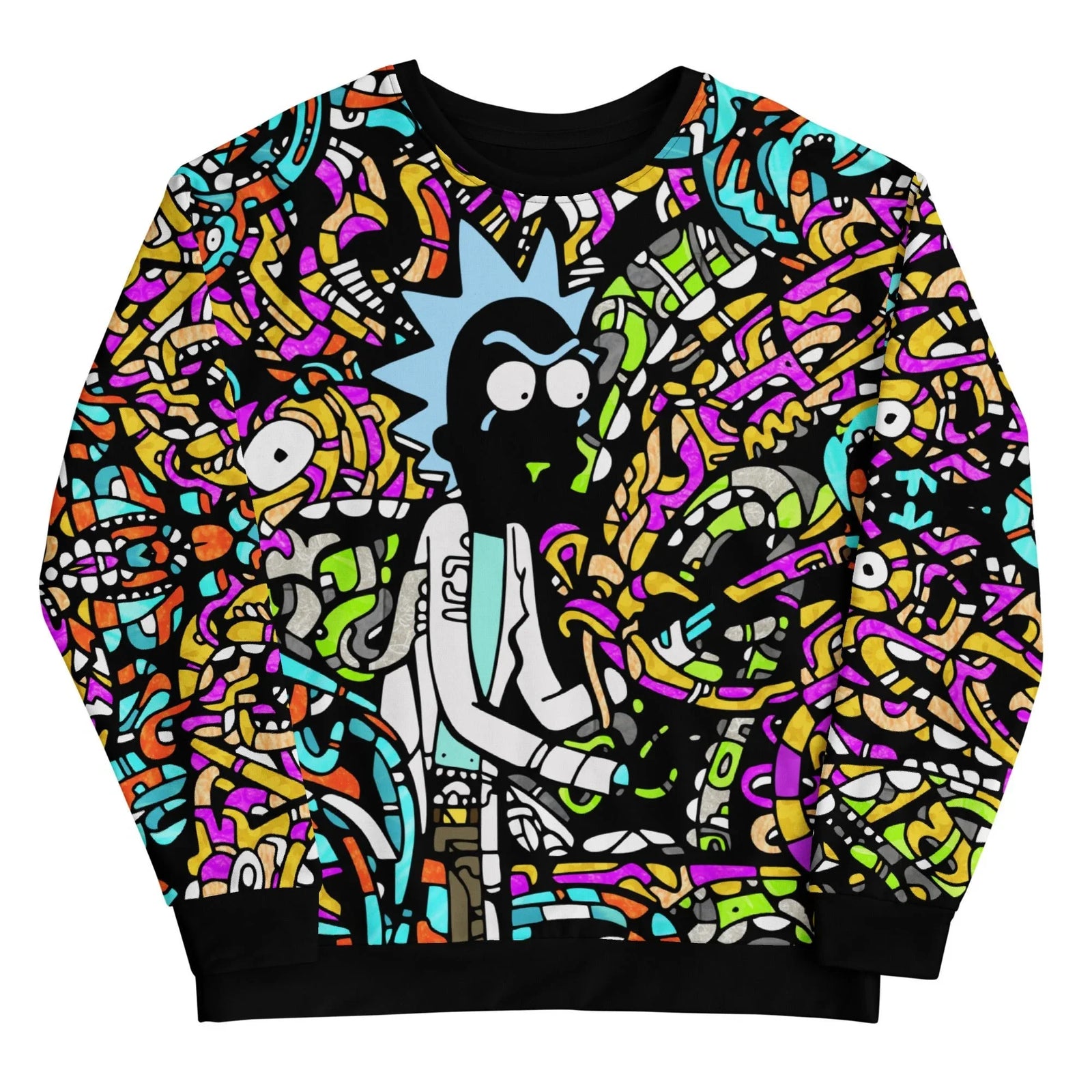 Centered on the spiky-haired silhouette of a dimension-hopping mad scientist (rendered in shadow-puppet style with frantic white eyes), this explosive design features a dense "doodle-bomb" mosaic of alien scribbles. Contact us with accessibility feedback, we'd love to help!