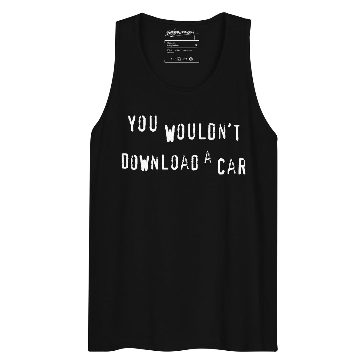 Yes I Would Men's Tank - Harsh, all-caps stencil lettering in chalky white (#F5F5F5) on dark charcoal heather fabric (#363636), evoking the aggressive, distressed style of early 2000s "You Wouldn't Steal a Car" anti-piracy motion graphics and their meme parodies.