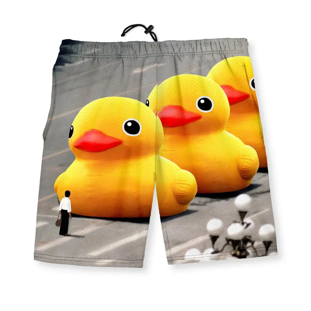 Tank Man Ducky Men's Gym Shorts - The recognizable diagonal formation of vibrant Canary Yellow (#FFE600) objects starkly contrasted against a monochromatic pavement grey (#8C8C8C), instantly recalling the iconic 1989 composition.